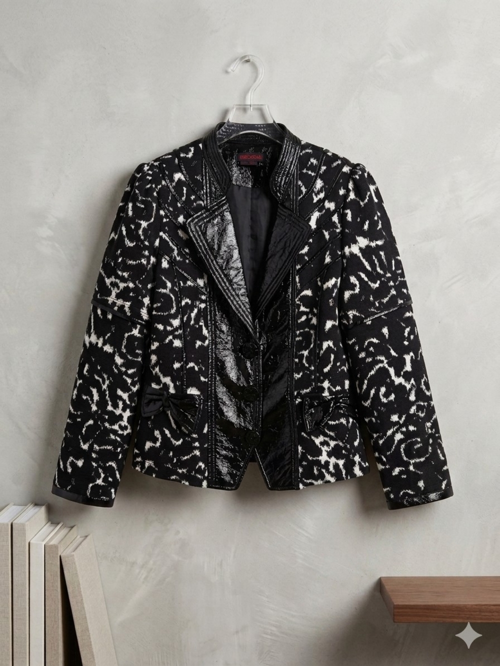 Simon Chang Black and White Patterned Blazer with Patent Trim
